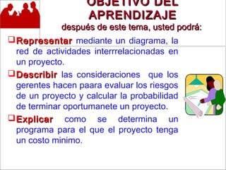 - GESTION DE OPERACIONES –
OBJETIVO DELOBJETIVO DEL
APRENDIZAJEAPRENDIZAJE
después de este tema, usted podrá:después de este tema, usted podrá:
RepresentarRepresentar mediante un diagrama, la
red de actividades interrrelacionadas en
un proyecto.
DescribirDescribir las consideraciones que los
gerentes hacen paara evaluar los riesgos
de un proyecto y calcular la probabilidad
de terminar oportumanete un proyecto.
ExplicarExplicar como se determina un
programa para el que el proyecto tenga
un costo minimo.
 