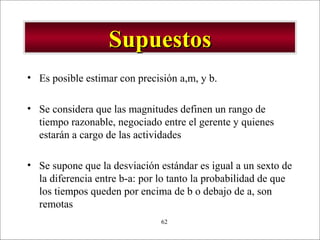 - GESTION DE OPERACIONES –62
SupuestosSupuestos
• Es posible estimar con precisión a,m, y b.
• Se considera que las magnitudes definen un rango de
tiempo razonable, negociado entre el gerente y quienes
estarán a cargo de las actividades
• Se supone que la desviación estándar es igual a un sexto de
la diferencia entre b-a: por lo tanto la probabilidad de que
los tiempos queden por encima de b o debajo de a, son
remotas
 