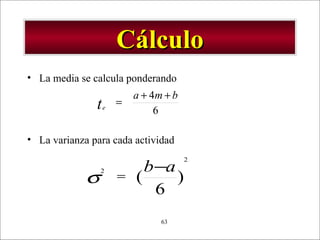 - GESTION DE OPERACIONES –63
CálculoCálculo
• La media se calcula ponderando
• La varianza para cada actividad
6
4 bma
te
++
=
)
6
(
2
2 ab−=σ
 