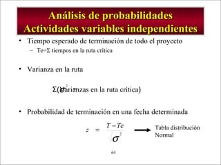 - GESTION DE OPERACIONES –64
Análisis de probabilidadesAnálisis de probabilidades
Actividades variables independientesActividades variables independientes
• Tiempo esperado de terminación de todo el proyecto
– Te=Σ tiempos en la ruta crítica
• Varianza en la ruta
• Probabilidad de terminación en una fecha determinada
)
6
(
2
2 ab−=σΣ(Varianzas en la ruta crítica)
σ
2
TeT
z
−
= Tabla distribución
Normal
 