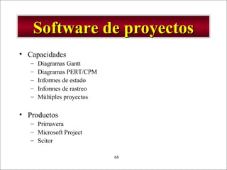 - GESTION DE OPERACIONES –68
Software de proyectosSoftware de proyectos
• Capacidades
– Diagramas Gantt
– Diagramas PERT/CPM
– Informes de estado
– Informes de rastreo
– Múltiples proyectos
• Productos
– Primavera
– Microsoft Project
– Scitor
 