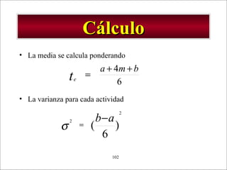 - GESTION DE OPERACIONES –102
CálculoCálculo
• La media se calcula ponderando
• La varianza para cada actividad
6
4 bma
te
++
=
)
6
(
2
2 ab−=σ
 