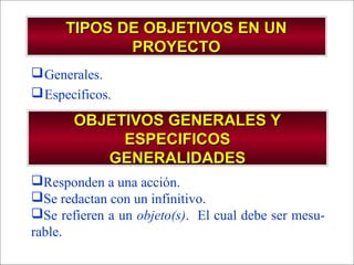 - GESTION DE OPERACIONES –
Generales.
Específicos.
Responden a una acción.
Se redactan con un infinitivo.
Se refieren a un objeto(s). El cual debe ser mesu-
rable.
TIPOS DE OBJETIVOS EN UNTIPOS DE OBJETIVOS EN UN
PROYECTOPROYECTO
OBJETIVOS GENERALES YOBJETIVOS GENERALES Y
ESPECIFICOSESPECIFICOS
GENERALIDADESGENERALIDADES
 