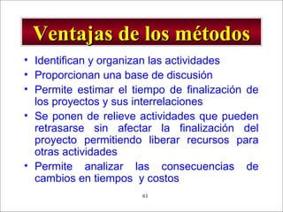- GESTION DE OPERACIONES –61
• Identifican y organizan las actividades
• Proporcionan una base de discusión
• Permite estimar el tiempo de finalización de
los proyectos y sus interrelaciones
• Se ponen de relieve actividades que pueden
retrasarse sin afectar la finalización del
proyecto permitiendo liberar recursos para
otras actividades
• Permite analizar las consecuencias de
cambios en tiempos y costos
Ventajas de los métodosVentajas de los métodos
 