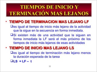 - GESTION DE OPERACIONES –77
TIEMPOS DE INICIO YTIEMPOS DE INICIO Y
TERMINACIÓN MAS LEJANOSTERMINACIÓN MAS LEJANOS
• TIEMPO DE TERMINACION MAS LEJANO LFTIEMPO DE TERMINACION MAS LEJANO LF
es igual al tiempo de inicio más lejano de la actividad
que la sigue en la secuencia en forma inmediata.
Si existen más de una actividad que la siguen en
forma inmediata la LF será el más próximo de los
tiempos de inicio más lejanos de esas actividades
• TIEMPO DE INICIO MAS LEJANO LSTIEMPO DE INICIO MAS LEJANO LS
es igual al tiempo de terminación más lejano menos
la duración esperada de la tarea
LS = LF – t
 