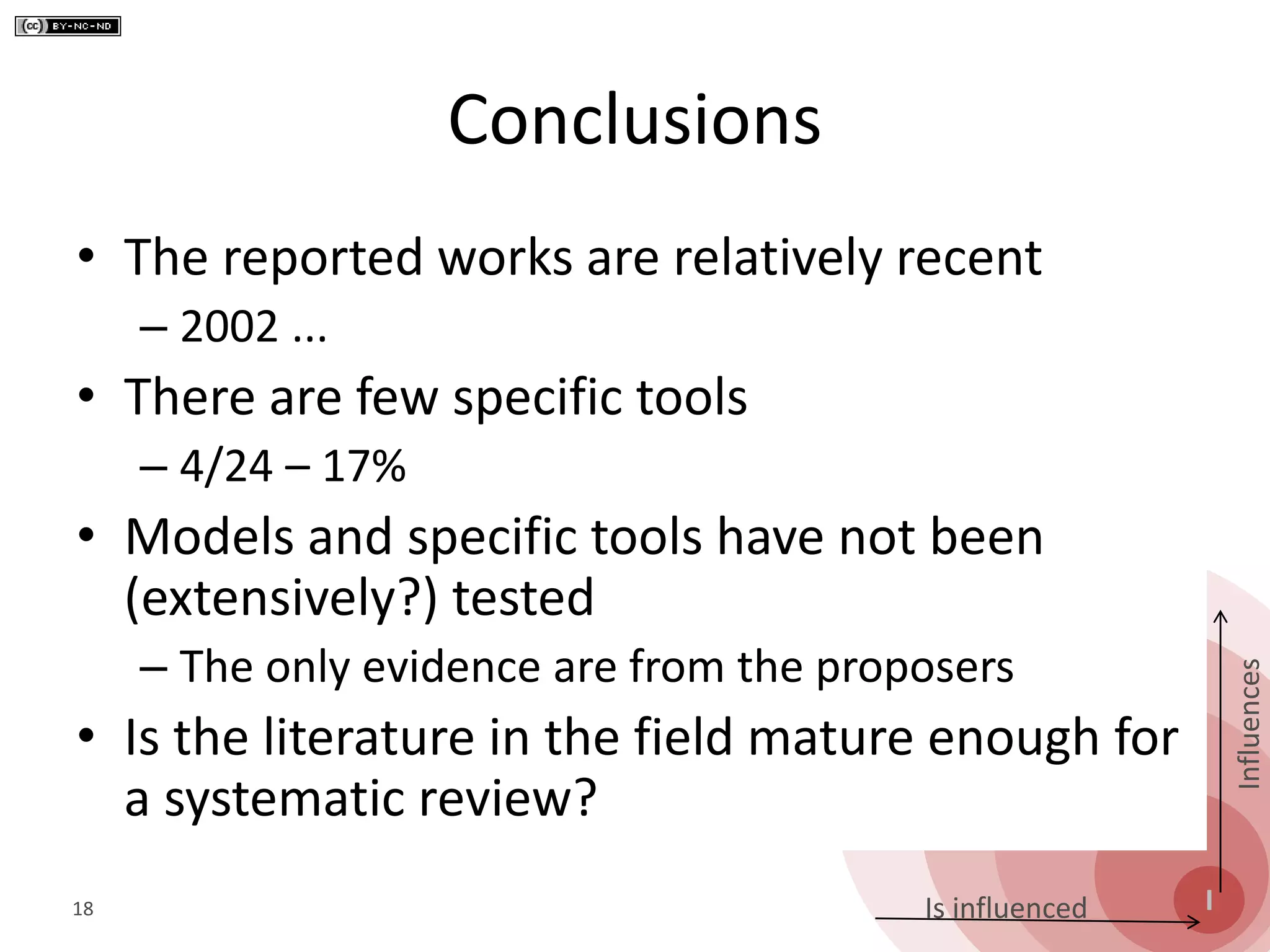 S
O
P
E
I
Influences
Is influenced
Conclusions
• The reported works are relatively recent
– 2002 ...
• There are few specific tools
– 4/24 – 17%
• Models and specific tools have not been
(extensively?) tested
– The only evidence are from the proposers
• Is the literature in the field mature enough for
a systematic review?
18
 