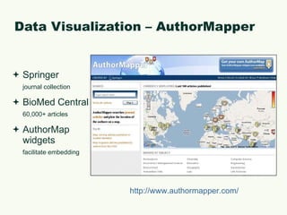 Data Visualization – AuthorMapper Springer  journal collection BioMed Central 60,000+ articles AuthorMap widgets  facilitate embedding http://www.authormapper.com/ 
