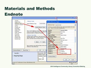 Materials and Methods Endnote 2010 Intelligence Community Library Consortium Meeting 