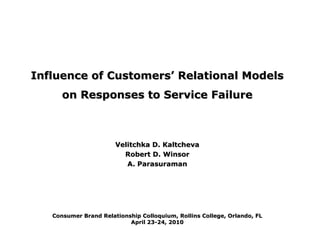 Influence of Customers’ Relational ModelsInfluence of Customers’ Relational Models
on Responses to Service Failureon Responses to Service Failure
Velitchka D. KaltchevaVelitchka D. Kaltcheva
Robert D. WinsorRobert D. Winsor
A. ParasuramanA. Parasuraman
Consumer Brand Relationship Colloquium, Rollins College, Orlando, FLConsumer Brand Relationship Colloquium, Rollins College, Orlando, FL
April 23-24, 2010April 23-24, 2010
 