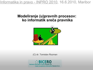 Modeliranje (u)pravnih procesov:  ko informatik sreča pravnika Informatika in pravo - INPRO 2010 , 16.6.2010, Maribor (C) dr. Tomislav Rozman     