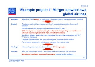 Backup

               Example project 1: Merger between two
                                       global airlines
   Problem:      Asked by CEO of XYZ Air to assist build a business case for merger, to present to Board


   Project:      Two teams, each led by a manager with 2 or 3 consultants/associates, three month
                 timeframe
                 Identified likely areas of synergy and estimated quantity of each
                 ‘Killer’ analysis was reconstructing the other airline’s operating and maintenance
                 schedule by working backwards from published timetables
                 Also lots of detailed working through organisation charts and expense details with XYZ
                 Air’s senior managers
                 Developed detailed brand and service strategies to minimise top-line erosion
                 Workshopped findings with select senior managers from both airlines


   Findings:     Validated key assumptions and overall value - £1+bn synergies


   Results:      Work was presented to Board – they continued to move forward with the project
                 Merger was eventually announced to markets, but rejected by regulators

                                                                                                           10

Or text 079 6690 7426
 