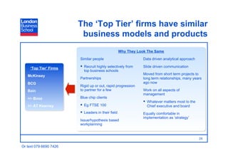 The ‘Top Tier’ firms have similar
                         business models and products
                                                    Why They Look The Same

                        Similar people                          Data driven analytical approach

     ‘Top Tier’ Firms     Recruit highly selectively from      Slide driven communication
                          top business schools
   McKinsey                                                     Moved from short term projects to
                        Partnerships                            long term relationships, many years
   BCG                                                          ago now
                        Rigid up or out, rapid progression
   Bain                 to partner for a few                    Work on all aspects of
                                                                management
   +/- Booz             Blue chip clients
                                                                  Whatever matters most to the
   +/- AT Kearney         Eg FTSE 100                            Chief executive and board
                          Leaders in their field               Equally comfortable in
                                                                implementation as ‘strategy’
                        Issue/hypothesis based
                        workplanning


                                                                                                  24

Or text 079 6690 7426
 