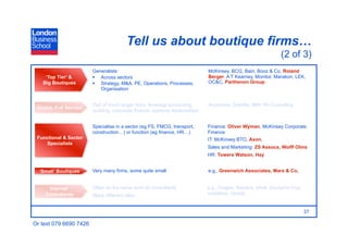 Tell us about boutique firms…
                                                                                                               (2 of 3)
                        Generalists:                                         McKinsey, BCG, Bain, Booz & Co, Roland
    ‘Top Tier’ &          Across sectors                                    Berger, A T Kearney, Monitor, Marakon, LEK,
   Big Boutiques          Strategy, M&A, PE, Operations, Processes,         OC&C, Parthenon Group
                           Organisation


                        Part of much larger firms, leverage accounting,      Accenture, Deloitte, IBM, PA Consulting
 Global, Full Service
                        auditing, corporate finance, systems relationships


                        Specialise in a sector (eg FS, FMCG, transport,      Finance: Oliver Wyman, McKinsey Corporate
                        construction…) or function (eg finance, HR…)         Finance
 Functional & Sector                                                         IT: McKinsey BTO, Axon,
    Specialists
                                                                             Sales and Marketing: ZS Assocs, Wolff Olins
                                                                             HR: Towers Watson, Hay


  ‘Small’ Boutiques     Very many firms, some quite small                    e.g., Greenwich Associates, Mars & Co,


     Internal           Often do the same work as consultants                e.g., Diageo, Reuters, Shell, Deutsche Post,
    Consultants         Many different titles                                Vodafone, Oracle


                                                                                                                            27

Or text 079 6690 7426
 