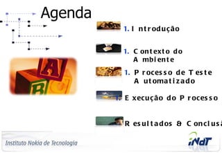 Agenda
                                        1. I n t r od u ç ão


                                        1. C on t ext o d o
                                           A mb i en t e
                                         1. P r oc es s o d e T es t e
                                            A u t oma t i z a d o

                                      1. E xec u ç ão d o P r oc es s o


                                      1. R es u l t a d os & C on c l u s ã

C o m p a n y C o n f id e n t ia l
 