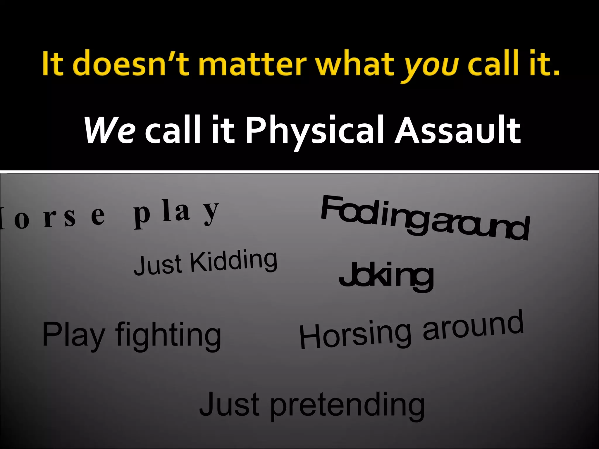 We  call it Physical Assault Horse play Fooling around Play fighting Horsing around Just pretending Just Kidding Joking 