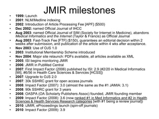JMIR milestones<br />1999: Launch<br />2001: NLM/Medline indexing<br />2002: Introduction of Article Processing Fee [APF] ...