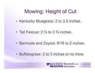 Mowing: Height of Cut
•  Kentucky Bluegrass: 2 to 3.5 inches.

•  Tall Fescue: 2 ¾ to 3 ¾ inches.

•  Bermuda and Zoysia: 9/16 to 2 inches.

•  Buffalograss: 2 to 3 inches or no mow.
 