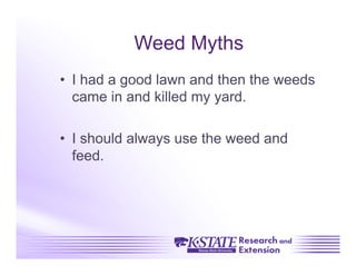 Weed Myths
•  I had a good lawn and then the weeds
   came in and killed my yard.

•  I should always use the weed and
   feed.
 