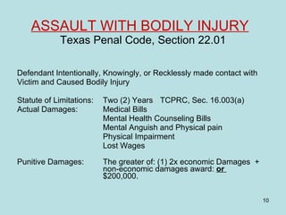 ASSAULT WITH BODILY INJURY   Texas Penal Code, Section 22.01 Defendant Intentionally, Knowingly, or Recklessly made contact with  Victim and Caused Bodily Injury Statute of Limitations:  Two (2) Years  TCPRC, Sec. 16.003(a) Actual Damages: Medical Bills Mental Health Counseling Bills Mental Anguish and Physical pain Physical Impairment Lost Wages   Punitive Damages: The greater of: (1) 2x economic Damages  +  non-economic damages award:  or  $200,000. 