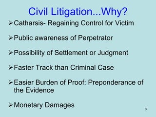 Civil Litigation...Why? Catharsis- Regaining Control for Victim Public awareness of Perpetrator Possibility of Settlement or Judgment Faster Track than Criminal Case Easier Burden of Proof: Preponderance of the Evidence  Monetary Damages 