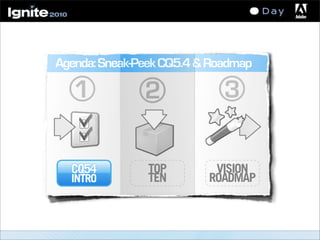 CQ54
INTRO
1
Agenda:Sneak-PeekCQ5.4&Roadmap
2 3
TOP
TEN
VISION
ROADMAP
 