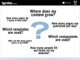 ?
How many pages do
I have in this site?
Which components
are used?
Where does my
content grow?
Who are the most active
users in my CMS?
Which templates
are used?
How many pages are
published per day?
How many people fill
out forms on my
website?
 