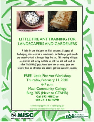 Little fire ant colony in a macadamia nut shell




 LITTLE FIRE ANT TRAINING FOR
LANDSCAPERS AND GARDENERS
       A little fire ant infestation on Maui threatens all aspects of
landscaping, from nurseries to maintenance, but landscape professionals
are uniquely poised to intercept little fire ant. This training will focus
   on detection and survey methods for little fire ant and touch on
     other “hitchhiking” pests. Come learn how to protect your own
 business from an infestation and address potential customer concerns.

           FREE Little Fire Ant Workshop
            Thursday, February 11, 2010
                      6-7 p.m.
             Maui Community College
            Bldg. 205 (Next to CTAHR)
                                  Call 573-MISC or
                                  984-3716 to RSVP.

                        Contact miscpr@hawii.edu or espeith@usgs.gov
                        to arrange an additional training or to learn more
 