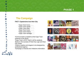 The Campaign PHASE 1 FACT: Capetonians love their City Cape Town Icons…….. Cape Town speak…….. Cape Town does………. Cape Town loves……… Cape Town history…….. Cape Town heritage…… Communicate to residents what Cape Town presents to the World ………….. Cape Town’s 2010 Team is all its residents Build on the success of Host City Logo and Host City Poster  Catchy creative and slogans to be designed by professional agency Campaign on factual and milestone information 