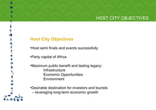 Host City Objectives HOST CITY OBJECTIVES Host semi finals and events successfully Party capital of Africa  Maximum public benefit and lasting legacy: Infrastructure Economic Opportunities Environment Desirable destination for investors and tourists  –  leveraging long-term economic growth 