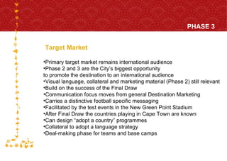 Target Market PHASE 3 FOR HOST CITY CAPE TOWN FIFA WORLD CUP SOUTH AFRICA 2010  Primary target market remains international audience Phase 2 and 3 are the City’s biggest opportunity  to promote the destination to an international audience Visual language, collateral and marketing material (Phase 2) still relevant Build on the success of the Final Draw Communication focus moves from general Destination Marketing Carries a distinctive football specific messaging Facilitated by the test events in the New Green Point Stadium After Final Draw the countries playing in Cape Town are known Can design “adopt a country” programmes Collateral to adopt a language strategy Deal-making phase for teams and base camps 