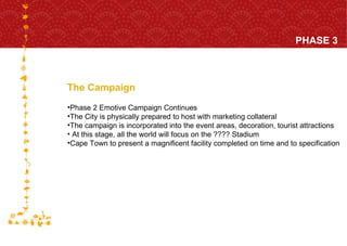 The Campaign PHASE 3 FOR HOST CITY CAPE TOWN FIFA WORLD CUP SOUTH AFRICA 2010  Phase 2 Emotive Campaign Continues  The City is physically prepared to host with marketing collateral The campaign is incorporated into the event areas, decoration, tourist attractions At this stage, all the world will focus on the ???? Stadium Cape Town to present a magnificent facility completed on time and to specification 