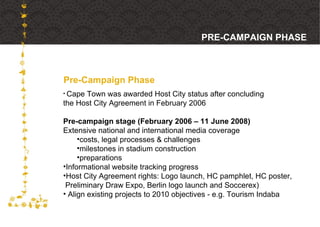 Pre-Campaign Phase PRE-CAMPAIGN PHASE Cape Town was awarded Host City status after concluding  the Host City Agreement in February 2006 Pre-campaign stage (February 2006 – 11 June 2008) Extensive national and international media coverage  costs, legal processes & challenges milestones in stadium construction preparations Informational website tracking progress Host City Agreement rights: Logo launch, HC pamphlet, HC poster,  Preliminary Draw Expo, Berlin logo launch and Soccerex) Align existing projects to 2010 objectives - e.g. Tourism Indaba 