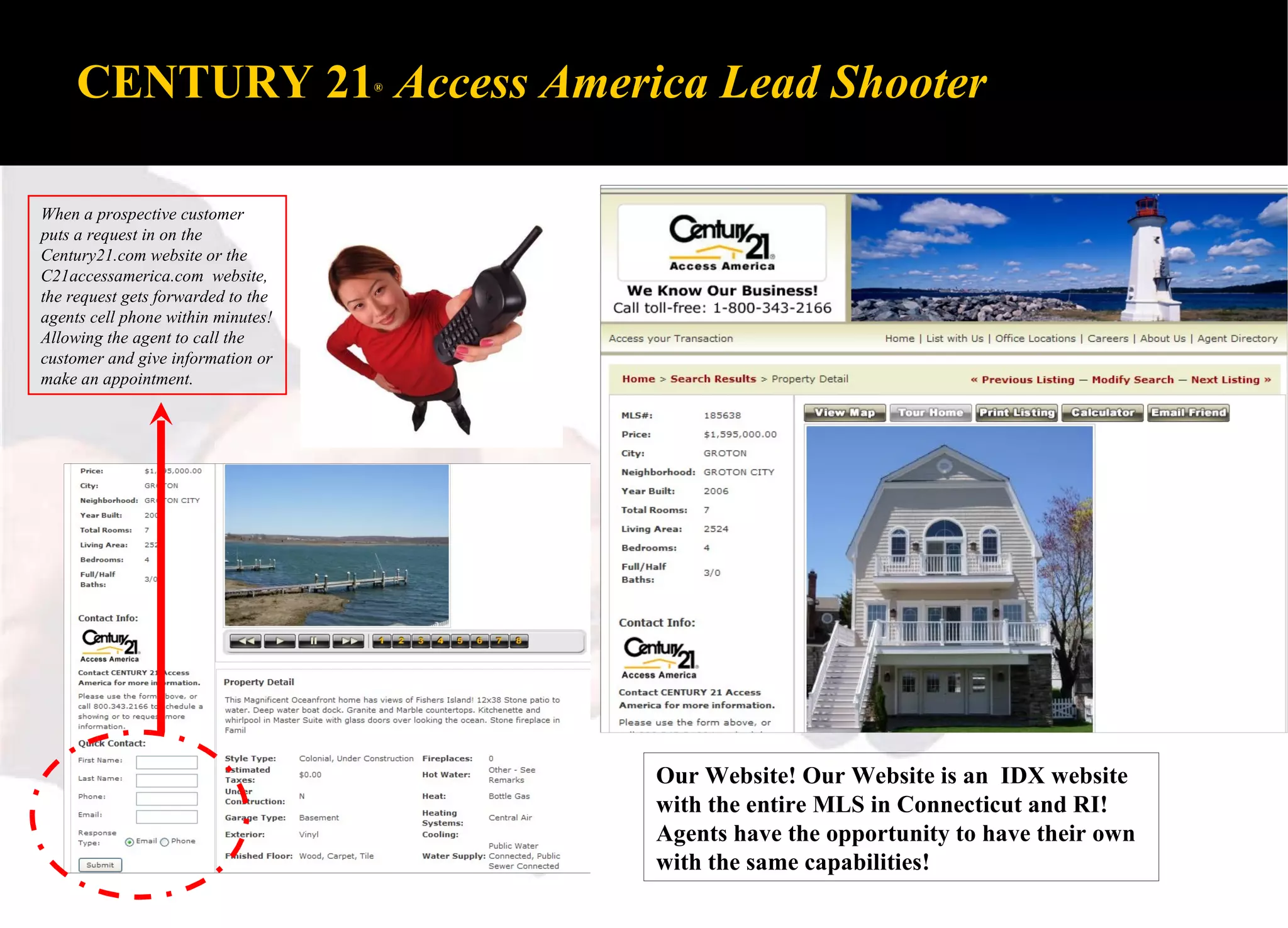 CENTURY 21 ®  Access America Lead Shooter When a prospective customer puts a request in on the Century21.com website or the C21accessamerica.com  website, the request gets forwarded to the agents cell phone within minutes! Allowing the agent to call the customer and give information or make an appointment. Our Website! Our Website is an  IDX website with the entire MLS in Connecticut and RI! Agents have the opportunity to have their own with the same capabilities! 