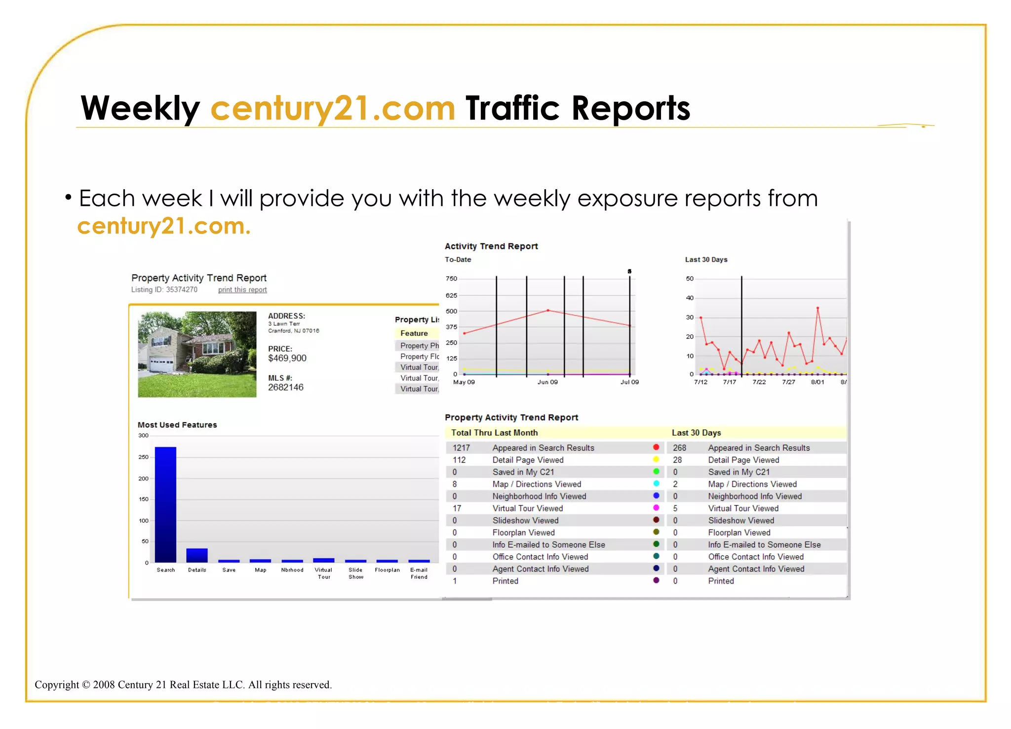 Each week I will provide you with the weekly exposure reports from    century21.com. Weekly  century21.com  Traffic Reports Copyright © 2009 CENTURY 21 <Insert Name>. All rights reserved. Each office is independently owned and operated. 