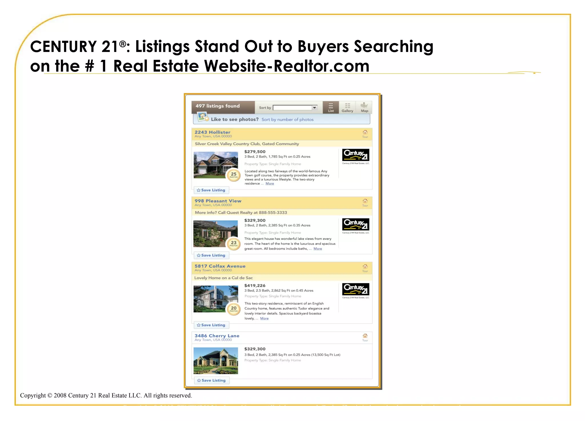 CENTURY 21 ® :  Listings Stand Out to Buyers Searching  on the # 1 Real Estate Website-Realtor.com Copyright © 2009 CENTURY 21 <Insert Name>. All rights reserved. Each office is independently owned and operated. 