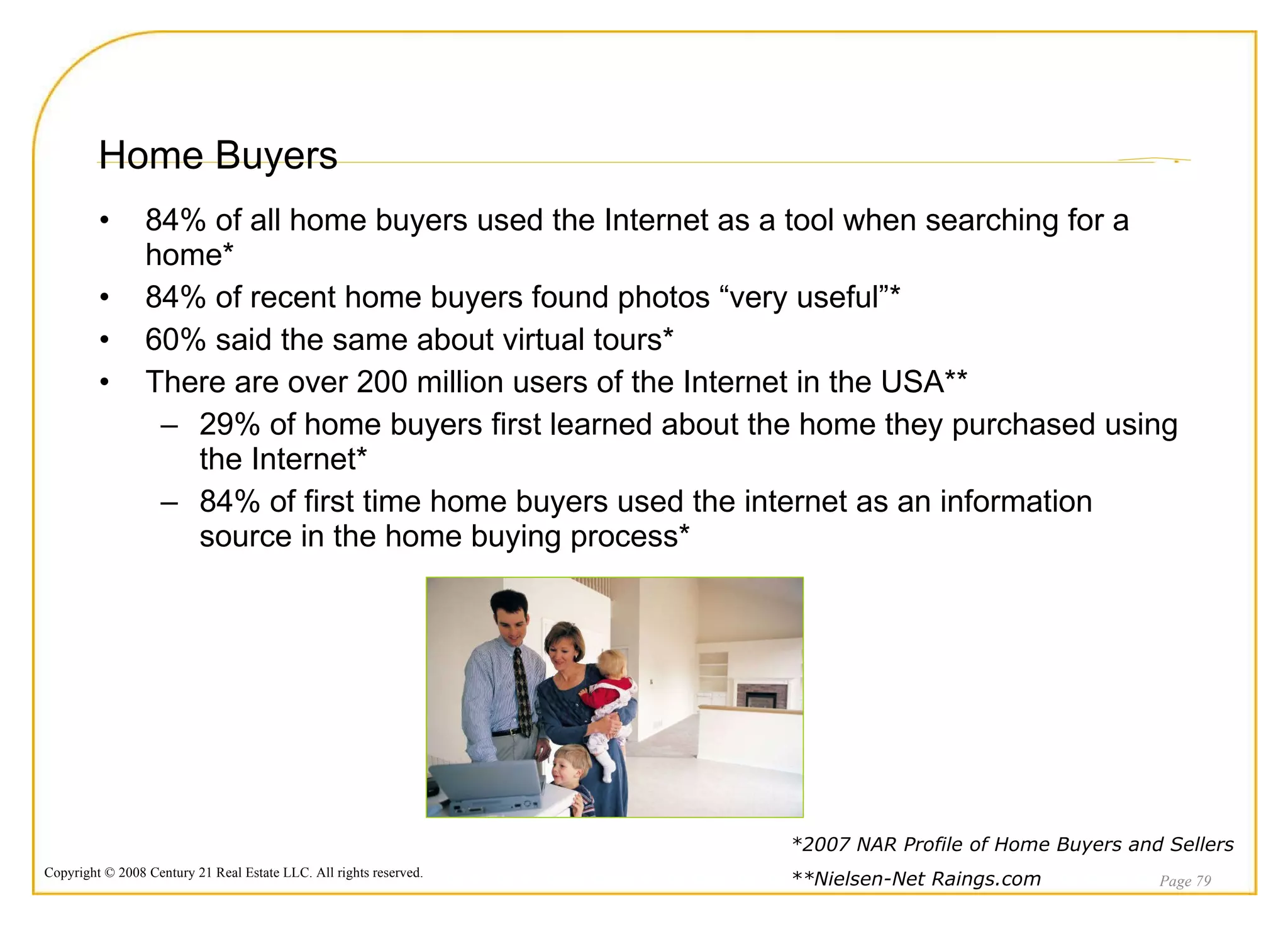 Home Buyers 84% of all home buyers used the Internet as a tool when searching for a home* 84% of recent home buyers found photos “very useful”*  60% said the same about virtual tours* There are over 200 million users of the Internet in the USA** 29% of home buyers first learned about the home they purchased using the Internet* 84% of first time home buyers used the internet as an information source in the home buying process* Page  *2007 NAR Profile of Home Buyers and Sellers **Nielsen-Net Raings.com 