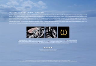 { ST{r-studded s{fety r{ting.
At Mazda, we pursue safety as passionately as we do performance. No surprise then that the new Mazda CX-7 earned Five Stars—the highest possible rating—in government
frontal and side-impact crash tests.* And its impressive list of safety features clearly shows the rating was no accident. The CX-7’s framework includes extra structural
reinforcements called Mazda “Triple H” construction. Front and rear crumple zones. A full complement of dual front and front side-impact air bags, and front/rear side-
impact air curtains.† Fade-resistant, 4-wheel ventilated disc brakes that include ABS, Electronic Brakeforce Distribution and Brake Assist. Dynamic Stability Control.‡ A
Traction Control System. And an integral Tire-Pressure Monitoring System. In addition, an advanced Active Torque Split All-Wheel-Drive system is available on both CX-7s
models—further enhancing both safety and performance. Especially when road conditions are less than ideal.




                                                                                                                             1                                                   2                                                    3

                    1. Advanced Dual Front Air Bags plus front side-impact air bags and side-impact air curtains† with rollover protection come standard on the CX-7. 2. Four-Wheel Ventilated Disc
                    Brakes, Dynamic Stability Control‡ And A Traction Control System are also standard. 3. A Tire-Pressure Monitoring System automatically displays a warning light whenever
                    one or more tires are underinﬂated. Standard on all CX-7 models. 4. An Advanced Active Torque Split All-Wheel-Drive System is available on any Mazda CX-7s model to help provide
                    optimum traction and control. Its computer-controlled design instantly distributes the ideal amount of torque between front and rear wheels ranging from 100:0 to 50:50.




                                                                                                                            ★★★★★
                                                                                                        The Mazda CX-7 earned the highest possible rating, Five Stars,
                                                                                                             in government frontal and side-impact crash tests.*




                                                 * Government star ratings are part of NHTSA’s New Car Assessment Program (NCAP). For complete details, visit www.safercar.gov. Model tested with standard side-impact air bags (SAB).
                            † Always wear your seat belt and secure children in the rear seats in appropriate child restraints. ‡ Dynamic Stability Control (DSC) is an electronic system designed to help the driver maintain control under adverse conditions.
                     It is not a substitute for safe driving practices. Factors including speed, road conditions and driver steering input can all affect whether DSC will be effective in preventing loss of control. Please see your owner’s manual for further details.
 