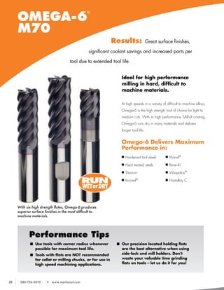OMEGA-6
                                                 ®




     M70
                                                             Results:                 Great surface finishes,

                                                  significant coolant savings and increased parts per

                                      tool due to extended tool life.


                                                                  Ideal for high performance
                                                                  milling in hard, difficult to
                                                                  machine materials.

                                                                  At high speeds in a variety of difficult to machine alloys,
                                                                  Omega-6 is the high strength tool of choice for light to
                                                                  medium cuts. With its high performance TiAlNX coating,
                                                                  Omega-6 runs dry in many materials and delivers
                                                                  longer tool life.


                                                                  Omega-6 Delivers Maximum
                                                                  Performance in:
                                                                  n	Hardened     tool steels	   n	Monel®

                                                                  n	Heat   treated steels	      n	Rene-41

                                                                  n	Titanium	                   n	Waspaloy®


                                               RUN                n	Inconel®	                   n	Hastalloy   C
                                               WETor DRY


     With six high strength flutes, Omega-6 produces
     superior surface finishes in the most difficult to
     machine materials.




            Performance Tips
            n	 Use tools with corner radius whenever           n	 Our precision located holding flats
               possible for maximum tool life.                    are the best alternative when using
            n	 Tools with flats are NOT recommended               side-lock end mill holders. Don’t
               for collet or milling chucks, or for use in        waste your valuable time grinding
               high speed machining applications.                 flats on tools – let us do it for you!




28    586-756-6010     •   www.menlotool.com
 