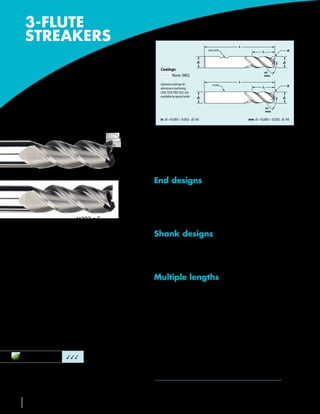 3-FLUTE
       STREAKERS                                                                                                        l1
                                                                                                WELDON
                                                                                                                                          l2                  R


                                                                                        d2                                                               d1

                                                           Coatings:
                                                                                                                                           45°
                                                                 None (MG)                                                                 Helix

                                                                                                                        l1


                        M203
                                                           Optional coatings for                   PLAIN
                                                                                                                                          l2                  R
                                                           aluminum machining
                                                           (ZrN, TiCN, TiB2, DLC) are
                                                           available by special order   d2                                                               d1



      3 High Shear Flutes                                                                                                                      45°
                                                                                                                                               Helix


                                                           in	 d1 +0.000 / -0.002 d2 h6                                         mm	 d1 +0,000 / -0,050 d2 h6
For rapid chip evacuation


                                                       Ideal for high performance milling in all types of aluminum
                                                       including high silicon, die cast and extruded aluminum parts.


                                M203 • Radius
                                                       End designs
                                                       n	Available          in a wide range of corner radii for aerospace and
                                                          other industrial applications
                                                       n	Square         end for general machining and finishing
                                M203 • Square          n	Center        cutting

The unique flute design of the 3-flute STREAKERS       Shank designs
allows higher metal removal rates without maxing       n	h 6    tolerance shanks fit all collets and conform to shrink-fit
out the machine’s horsepower. It requires less power      requirements
at the spindle, allowing high metal removal rates      n	Many         sizes offered with flats for end mill holders
even on low HP machines.
                                                       Multiple lengths
                                                       n	Stub      length for extra rigidity
•	High rake angle for better chip flow                 n	Standard,           long and extra-long flute length and reach
•	Reduced chatter over a broad range of speeds         n	With       short flute length for extra rigidity in deep pockets

•	Cylindrical land for superior part finish               and cavities
                                                       n	With       extra flute length for finishing passes
•	For high volume metal removal
                                                       n	With       stub flutes for deep cavity work


       Aluminum and
       non-ferrous         333
 3Good 33Very Good 333Excellent
                                                       Style Code Reference
                                                       EE—Extreme LOC, Extreme OAL        EX—Extreme LOC, X-Long OAL         LL—Long LOC, Long OAL
                                                       LX—Long LOC, X-Long OAL            RR—Regular LOC, Regular OAL        SR—Short LOC, Regular OAL




 46      586-756-6010      •   www.menlotool.com
 
