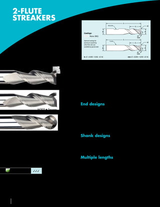 2-FLUTE
       STREAKERS                                                                                  l1
                                                                                        WELDON                                       R
                                                                                                                  l2


                                                                                   d2                                           d1
                                                      Coatings:
                                                            None (MG)                                                  45°
                                                                                                                       Helix
                                                                                                  l1
                                                      Optional coatings for


                        M202
                                                                                          PLAIN
                                                      aluminum machining                                          l2                 R
                                                      (ZrN, TiCN, DLC) are
                                                      available by special order
                                                                                   d2                                           d1




      2 High Shear Flutes
                                                                                                                       45°
                                                                                                                       Helix

                                                      in	 d1 +0.000 / -0.002 d2 h6                       mm	 d1 +0,000 / -0,050 d2 h6

For maximum metal removal

                                                   Ideal for high performance milling in all types of aluminum
                                                   including high silicon, die cast and extruded aluminum parts.

                                                   The 2-flute design allows maximum flute-to-flute spacing for
                                                   greater stock removal and effective chip evacuation – ideal
                               M202 • Radius
                                                   when you’re going deep into the metal to remove material
                                                   incrementally.


                                                   End designs
                               M202 • Square       n	Available         in a wide range of corner radii for aerospace and
                                                     other industrial applications
                                                   n	Square        end for general machining and finishing
                                                   n	Ball    nose styles for contouring
                                                   n	Center       cutting
                               M202B • Ball
                                                   Shank designs
•	High rake angle for better chip flow             n	h 6    tolerance shanks fit all collets and conform to shrink-fit
•	Reduced chatter over a broad range of speeds       requirements
                                                   n	Many        sizes offered with flats for end mill holders
•	Cylindrical land for superior part finish

•	For high volume metal removal                    Multiple lengths
                                                   n	Stub     length for extra rigidity
                                                   n	Standard,          long and extra-long flute length and reach
       Aluminum and
       non-ferrous         333
                                                   n	With      short flute length for extra rigidity in deep pockets
 3Good 33Very Good 333Excellent                      and cavities
                                                   n	With      extra flute length for finishing passes
                                                   n	With      stub flutes for deep cavity work




 54      586-756-6010      •   www.menlotool.com
 