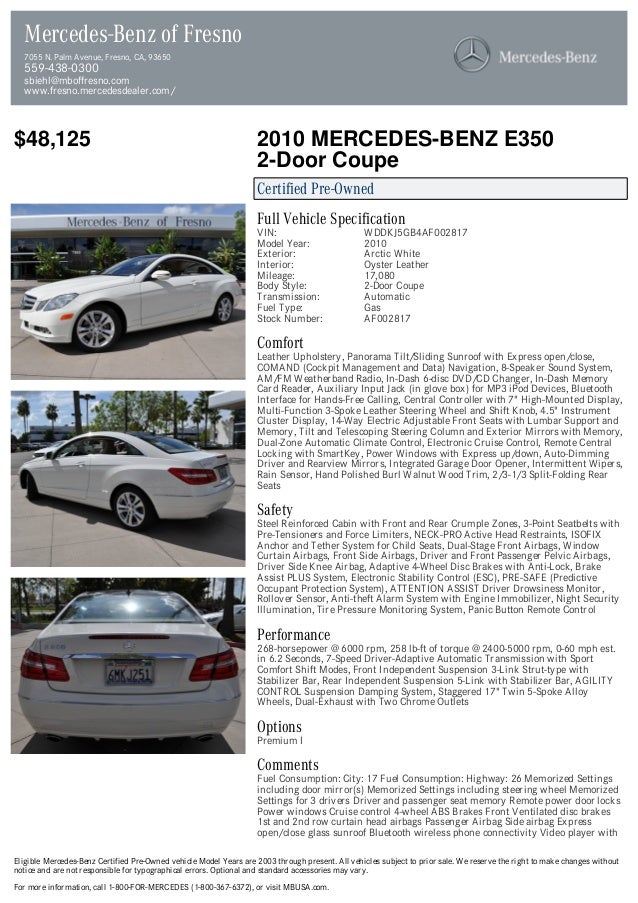 2010 Mercedes Benz E Class E350 For Sale At 17561596 Pdf