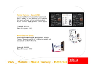 Nokia Turkey – SonyBMG:
     una compilation di musica internazionale è
     stata caricata su una MicroSD, in occasione
     del lancio ufficiale sul mercato turco della
     nuova edizione del N76 Music Edition Nokia.


     Quantità: 30.000
     Data: Primavera 2007




     Motorola V3i Elisa:
     questa special edition del Motorola V3i integra
     l’album “Soundtrack 96-06” di Elisa, una delle più
     apprezzate cantanti italiane.



     Quantità: 20.000
     Data: Primavera 2007




                                                          17
VAS _ Mobile : Nokia Turkey - Motorola
 