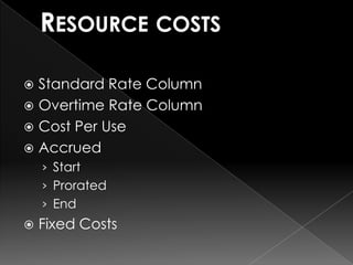  Standard Rate Column
 Overtime Rate Column
 Cost Per Use
 Accrued
    › Start
    › Prorated
    › End
   Fixed Costs
 