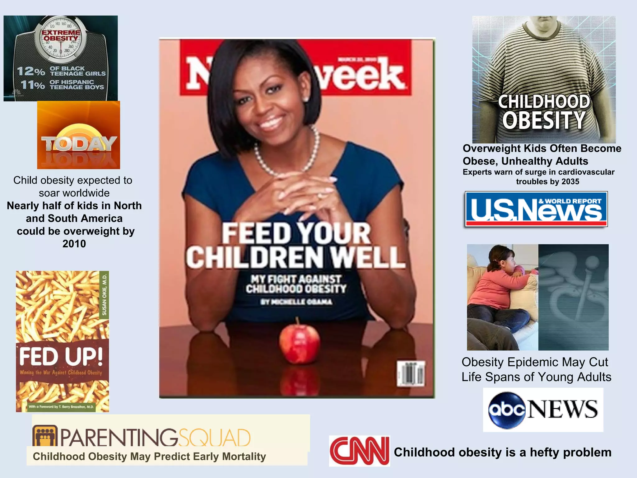 Obesity Epidemic May Cut Life Spans of Young Adults Childhood Obesity May Predict Early Mortality Childhood obesity is a hefty problem Overweight Kids Often Become  Obese, Unhealthy Adults  Experts warn of surge in cardiovascular troubles by 2035 Child obesity expected to  soar worldwide Nearly half of kids in North and South America could be overweight by 2010 