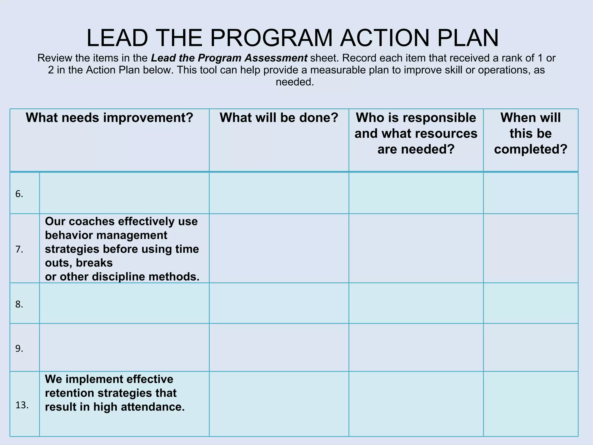 LEAD THE PROGRAM ACTION PLAN   Review the items in the  Lead the Program Assessment  sheet. Record each item that received a rank of 1 or 2 in the Action Plan below. This tool can help provide a measurable plan to improve skill or operations, as needed.  What needs improvement? What will be done? Who is responsible and what resources are needed? When will this be completed? 6.  7.  Our coaches effectively use behavior management strategies before using time outs, breaks  or other discipline methods.  8.  9.  13.  We implement effective retention strategies that result in high attendance. 