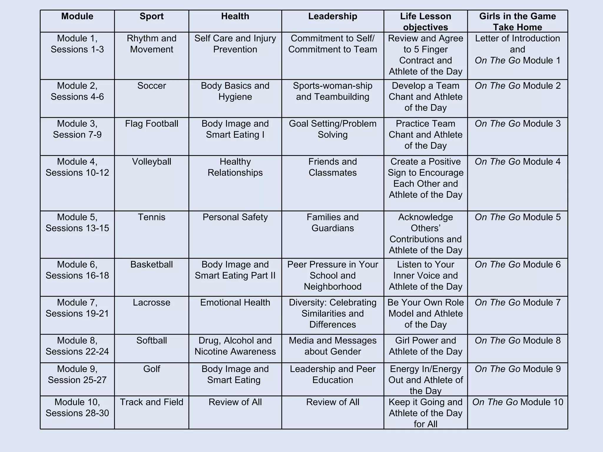 Module Sport Health Leadership Life Lesson objectives Girls in the Game Take Home Module 1, Sessions 1-3 Rhythm and Movement Self Care and Injury Prevention Commitment to Self/ Commitment to Team Review and Agree to 5 Finger Contract and Athlete of the Day Letter of Introduction and On The Go  Module 1 Module 2, Sessions 4-6 Soccer Body Basics and Hygiene Sports-woman-ship and Teambuilding Develop a Team Chant and Athlete of the Day On The Go  Module 2 Module 3, Session 7-9 Flag Football Body Image and Smart Eating I Goal Setting/Problem Solving Practice Team Chant and Athlete of the Day On The Go  Module 3 Module 4, Sessions 10-12 Volleyball Healthy Relationships Friends and Classmates Create a Positive Sign to Encourage Each Other and Athlete of the Day On The Go  Module 4 Module 5, Sessions 13-15 Tennis Personal Safety Families and Guardians Acknowledge Others’ Contributions and Athlete of the Day On The Go  Module 5 Module 6, Sessions 16-18 Basketball Body Image and Smart Eating Part II Peer Pressure in Your School and Neighborhood Listen to Your Inner Voice and Athlete of the Day On The Go  Module 6 Module 7, Sessions 19-21 Lacrosse Emotional Health Diversity: Celebrating Similarities and Differences Be Your Own Role Model and Athlete of the Day On The Go  Module 7 Module 8, Sessions 22-24 Softball Drug, Alcohol and Nicotine Awareness Media and Messages about Gender Girl Power and Athlete of the Day On The Go  Module 8 Module 9, Session 25-27 Golf Body Image and Smart Eating  Leadership and Peer Education Energy In/Energy Out and Athlete of the Day On The Go  Module 9 Module 10, Sessions 28-30 Track and Field Review of All Review of All Keep it Going and Athlete of the Day for All On The Go  Module 10 