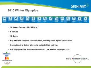 2010 Winter Olympics 17 Days – February 12 – 28 2010 6 Venues 16 Sports Key Athletes & Stories – Shawn White, Lindsay Vonn, Apolo Anton Ohno Commitment to deliver all events online in their entirety.  NBCOlympics.com & Outlet Distribution:  Live, rewind, highlights, VOD  
