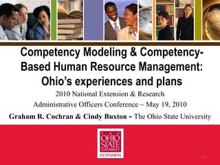 Competency Modeling & Competency-Based Human Resource Management: Ohio’s experiences and plans2010 National Extension & Research Administrative Officers Conference ~ May 19, 2010Graham R. Cochran & Cindy Buxton - The Ohio State University17