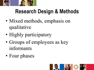 Research Design & MethodsMixed methods, emphasis on qualitativeHighly participatoryGroups of employees as key informantsFour phases 5