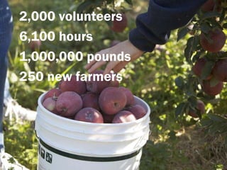 2,000 volunteers
6,100 hours
1,000,000 pounds
250 new farmers
 